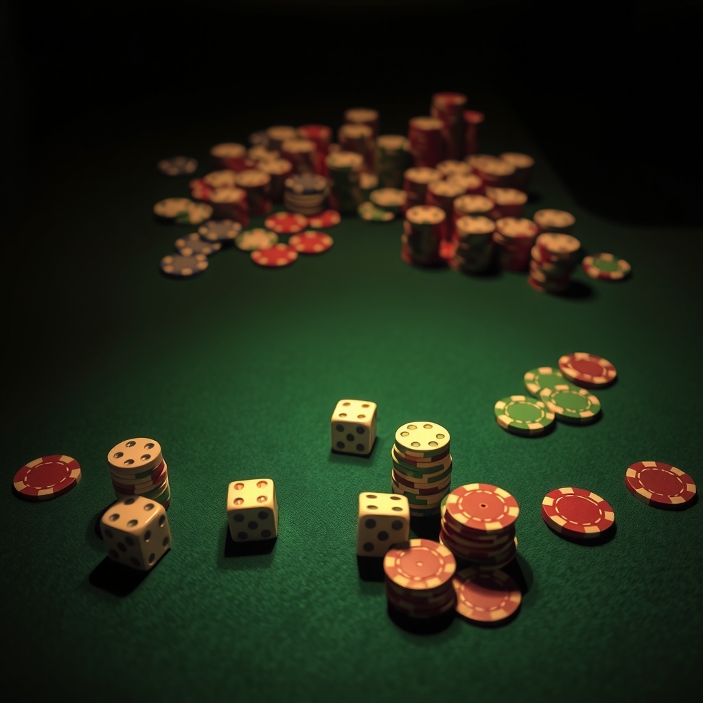 Dadi e fiches su un tavolo verde da casino, simbolo di gioco d'azzardo online